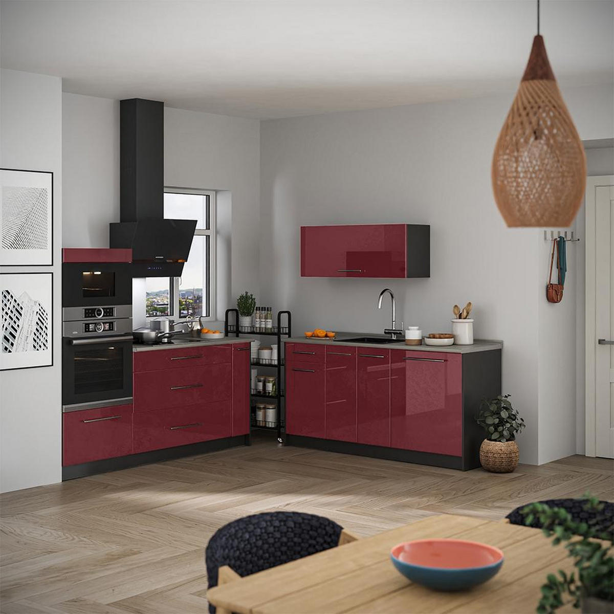 KÜCHENZEILE Fame-Line, Bordeaux Hochglanz/Anthrazit, 340 cm, AP Eiche - Bordeaux/Anthrazit, Holzwerkstoff (340/153.6/60cm) - Vicco