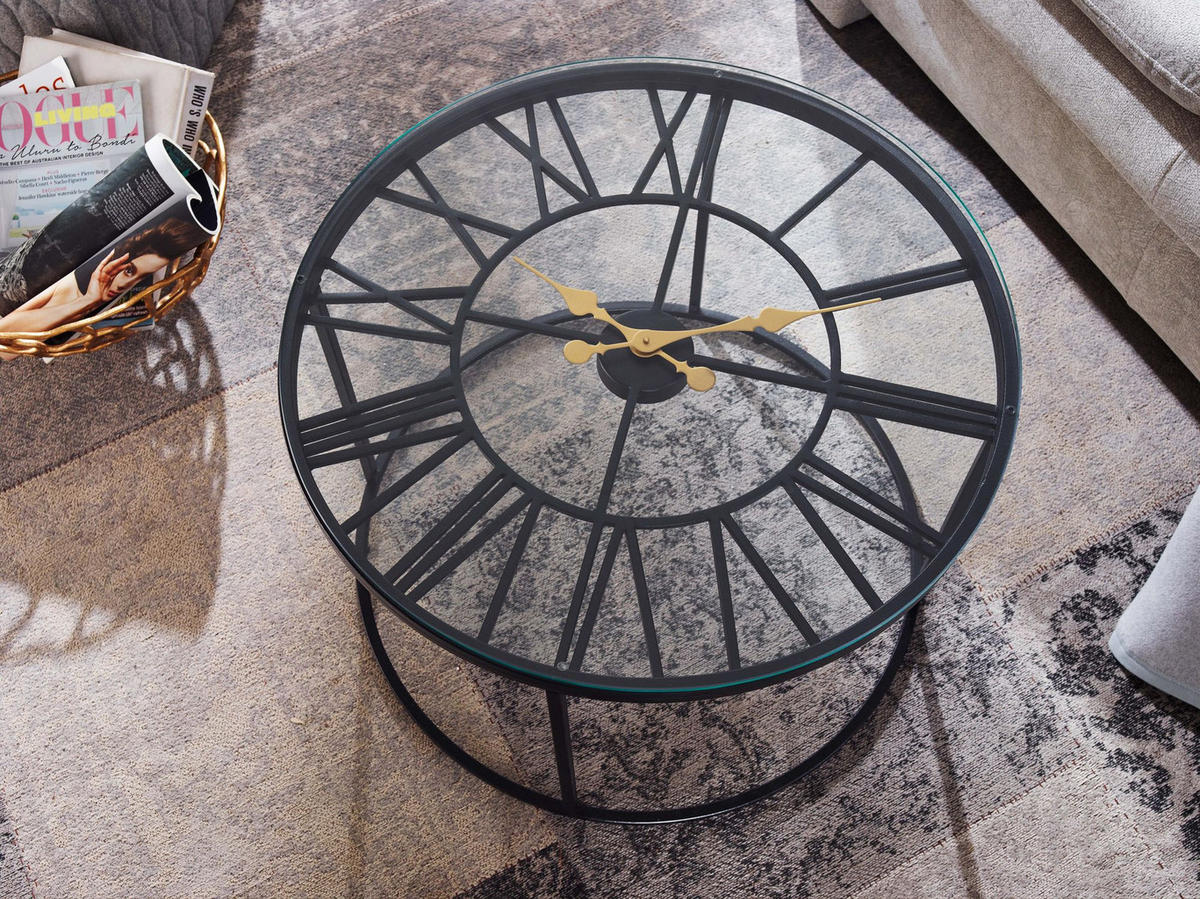 COUCHTISCH GESSO, Einscheibensicherheitsglas, Metallgestell, Römische Uhr, Handgefertigt, Schwarz 60x60x43 cm - Schwarz, Glas/Metall (60/60/43cm) - KADIMA DESIGN