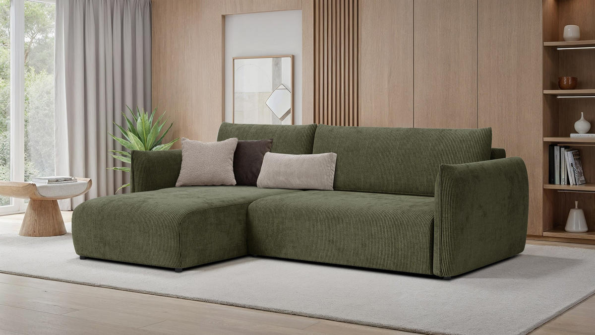 ECKSOFA TAUER 3-Sitzer rechts, olive - Dunkelgrün/Schwarz, Holz/Textil (248/173cm) - Courtois Laville