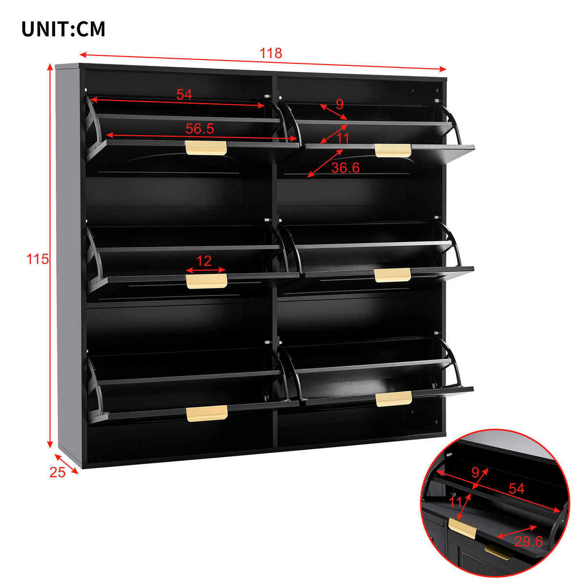 SCHUHSCHRANK Modern freistehend 6 Fächer Schwarz 118x25x115cm - Schwarz, Holzwerkstoff (25/115/118cm) - FLIEKS