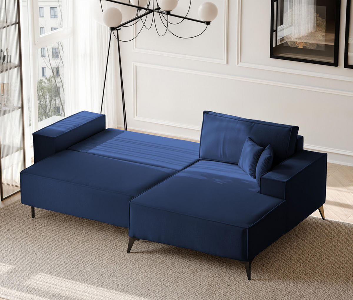 ECKSOFA OTIS Rechts, mit Schlaffunktion und Bettkasten, Marineblau - Dunkelblau, Textil/Metall (294/185cm) - Idohome