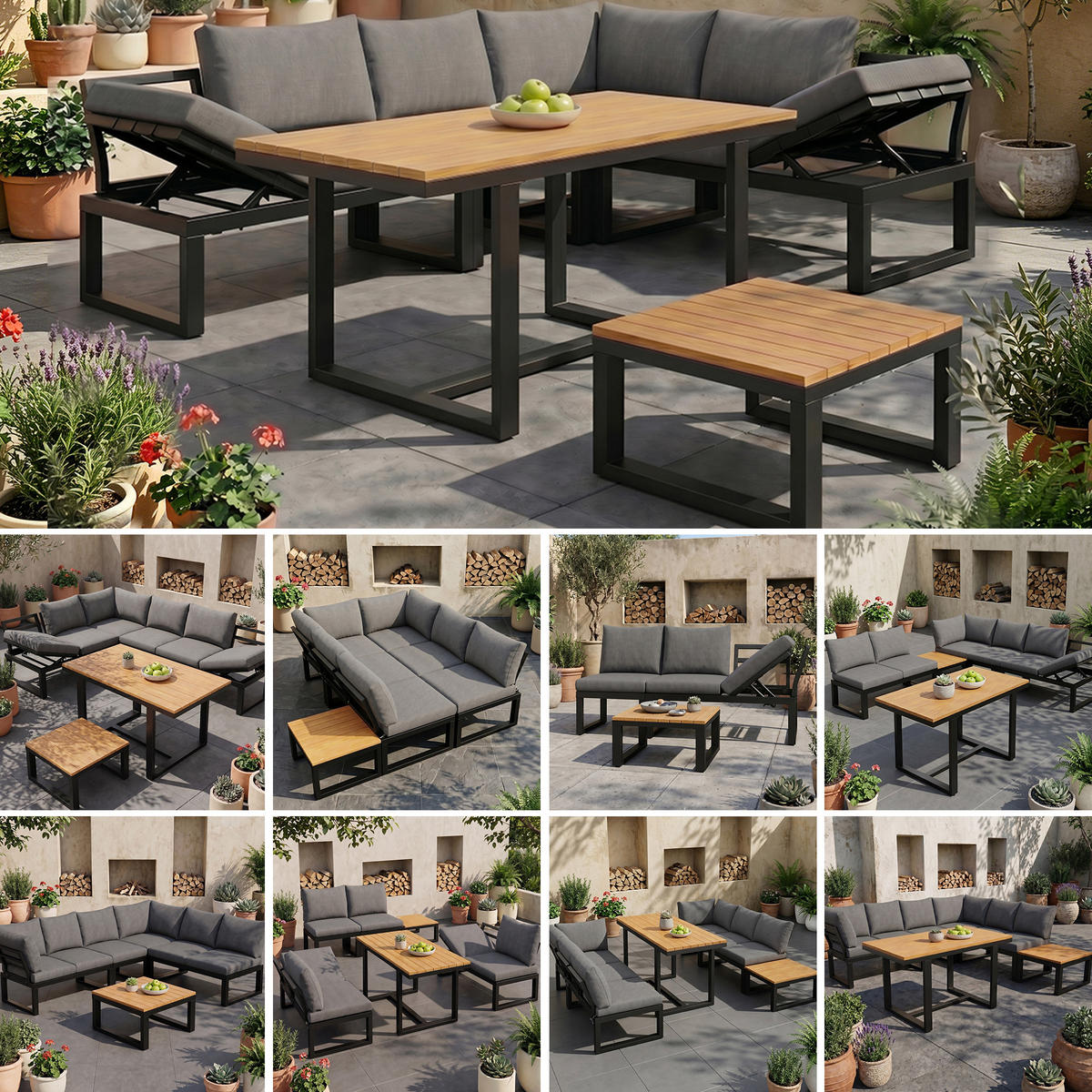 GARTENLOUNGE-SET für 6 Personen Garten-Essgruppe Ecksofa mit verstellbarer Rückenlehne - Schwarz/Naturfarben, Textil/Metall - STILVORA
