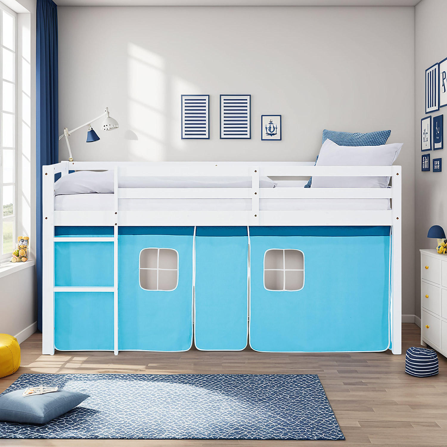 HOCHBETT 90/200 cm in weiß Bettvorhang blau - Blau/Weiß, Holz - Homestyle4u