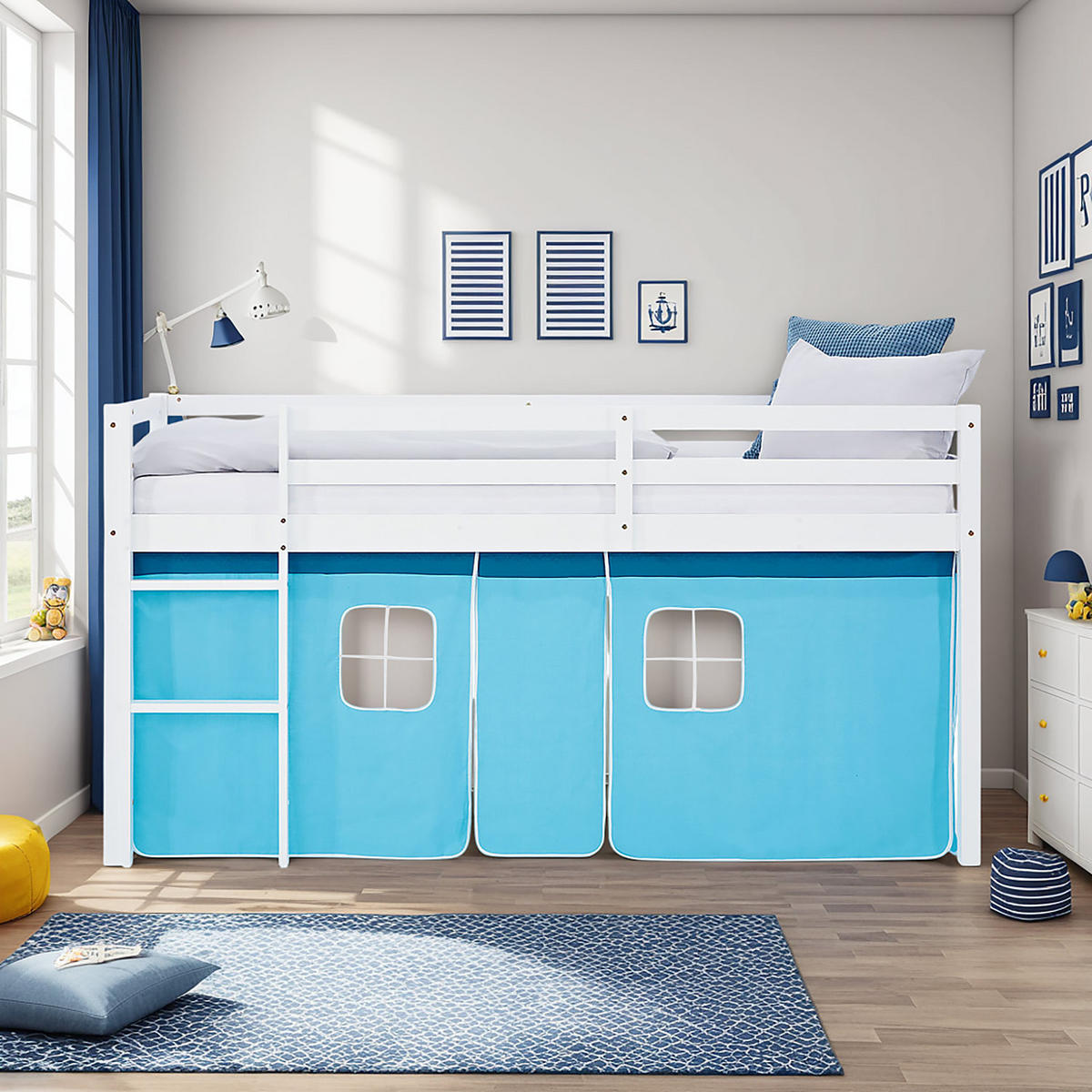 HOCHBETT 90/200 cm in weiß Bettvorhang blau - Blau/Weiß, Holz - Homestyle4u
