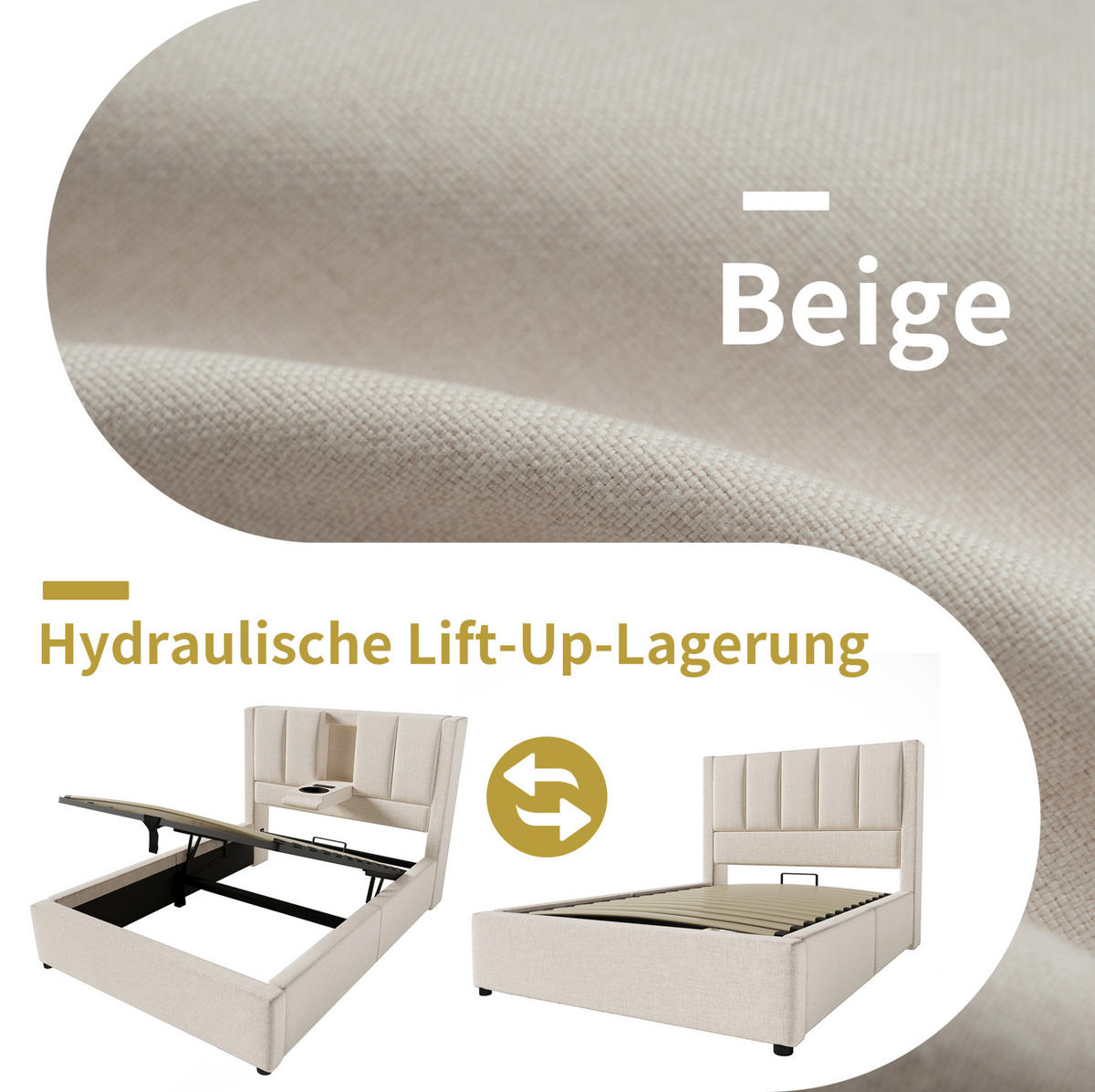 POLSTERBETT 90/200 cm Beige aus Leinen mit Stauraum - Beige, Textil (90/200cm) - OKMYHOME