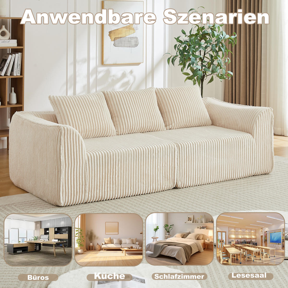 3-SITZER SOFA Cord Beige mit Kissen - Beige, Textil (235.5/72.5/101cm) - WISHDOR