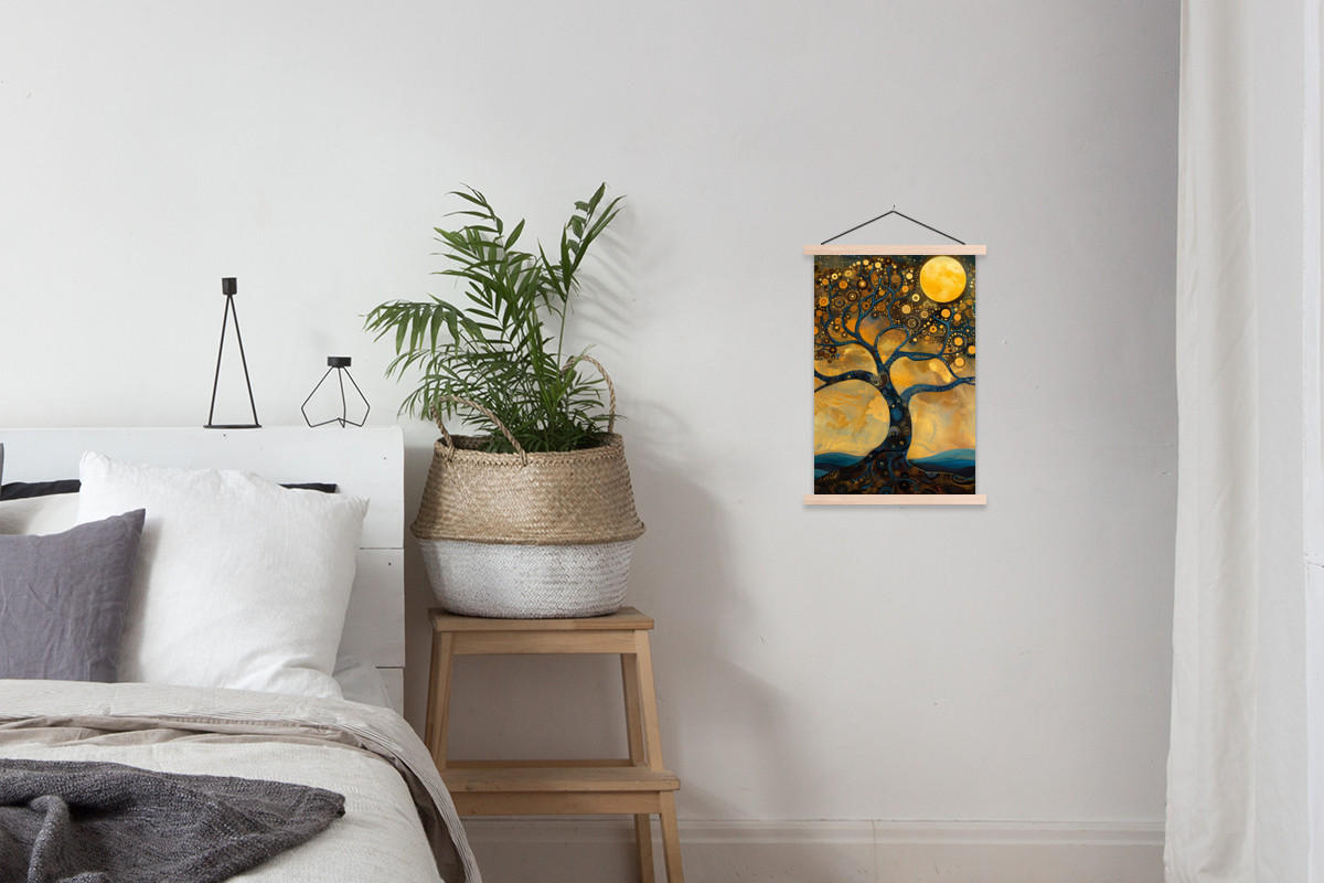 POSTER Baum - Mond - Blumen - Gold - Kunst 40x60 cm - Orange, Textil (40/60/0.15cm) - MuchoWow