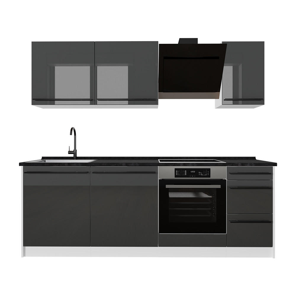 KÜCHENZEILE R-Line, Anthrazit Hochglanz/Weiß, 220 cm Arbeitsplatte Anthrazit - Schwarz Hochglanz/Weiß, Holzwerkstoff (220/81.6/60cm) - Vicco