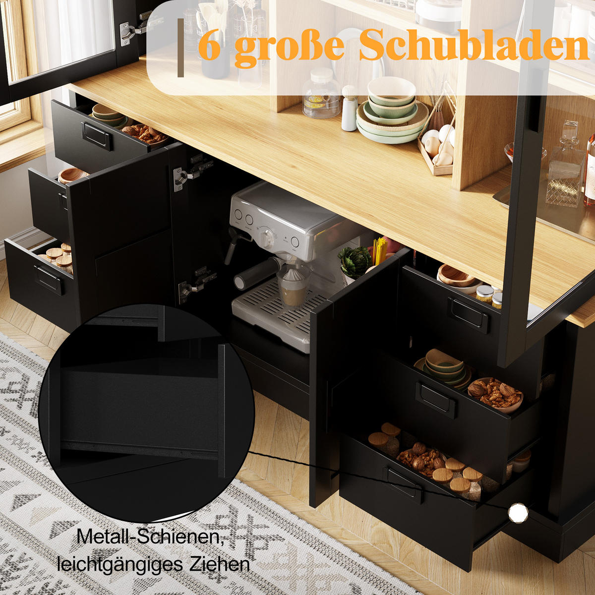 KÜCHENSCHRANK 140x185Cm 6 Schubladen Glastüren - Schwarz, Holzwerkstoff (140/185/40cm) - FLIEKS