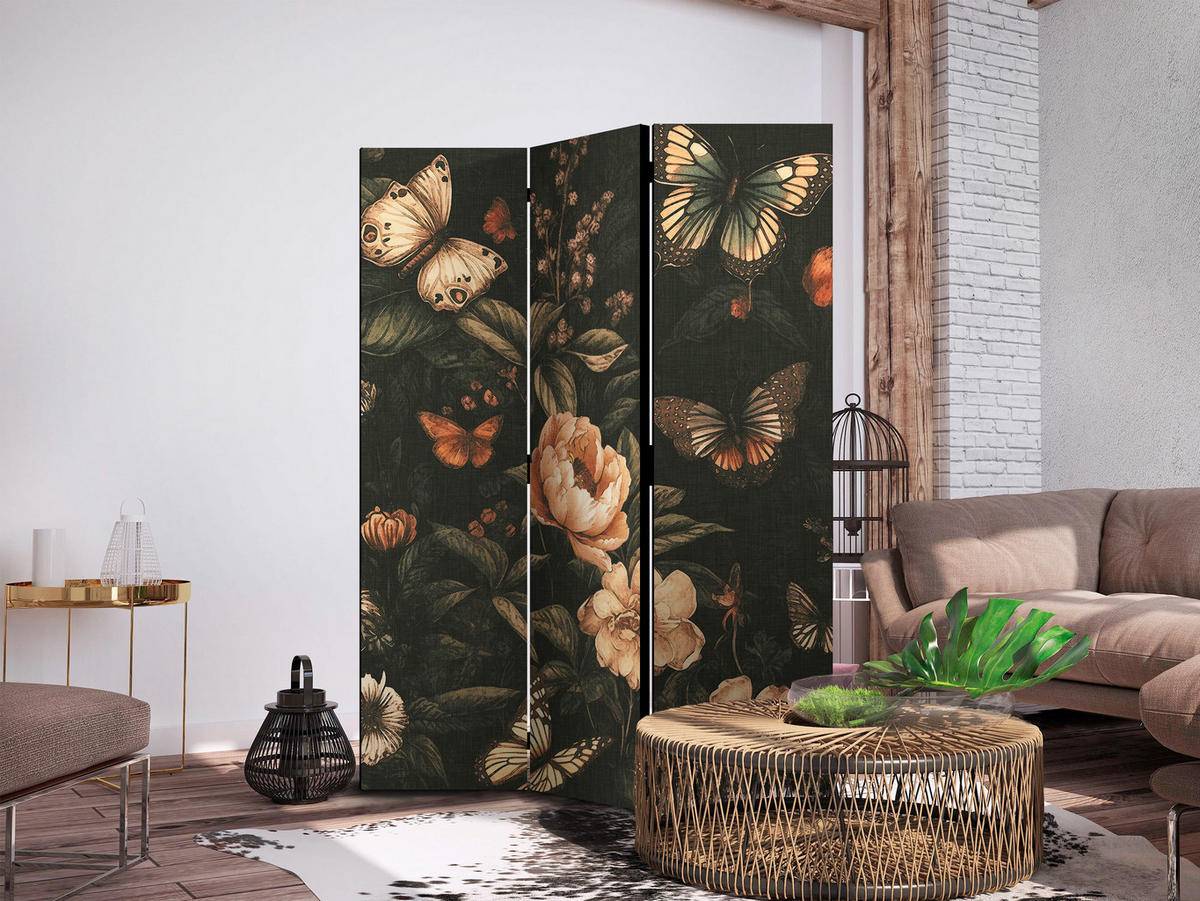 PARAVENT Akustik 3-tlg 135x172 cm Schmetterlinge und Blumen - Schwarz, Holz/Textil (135/172/3cm) - Muralo