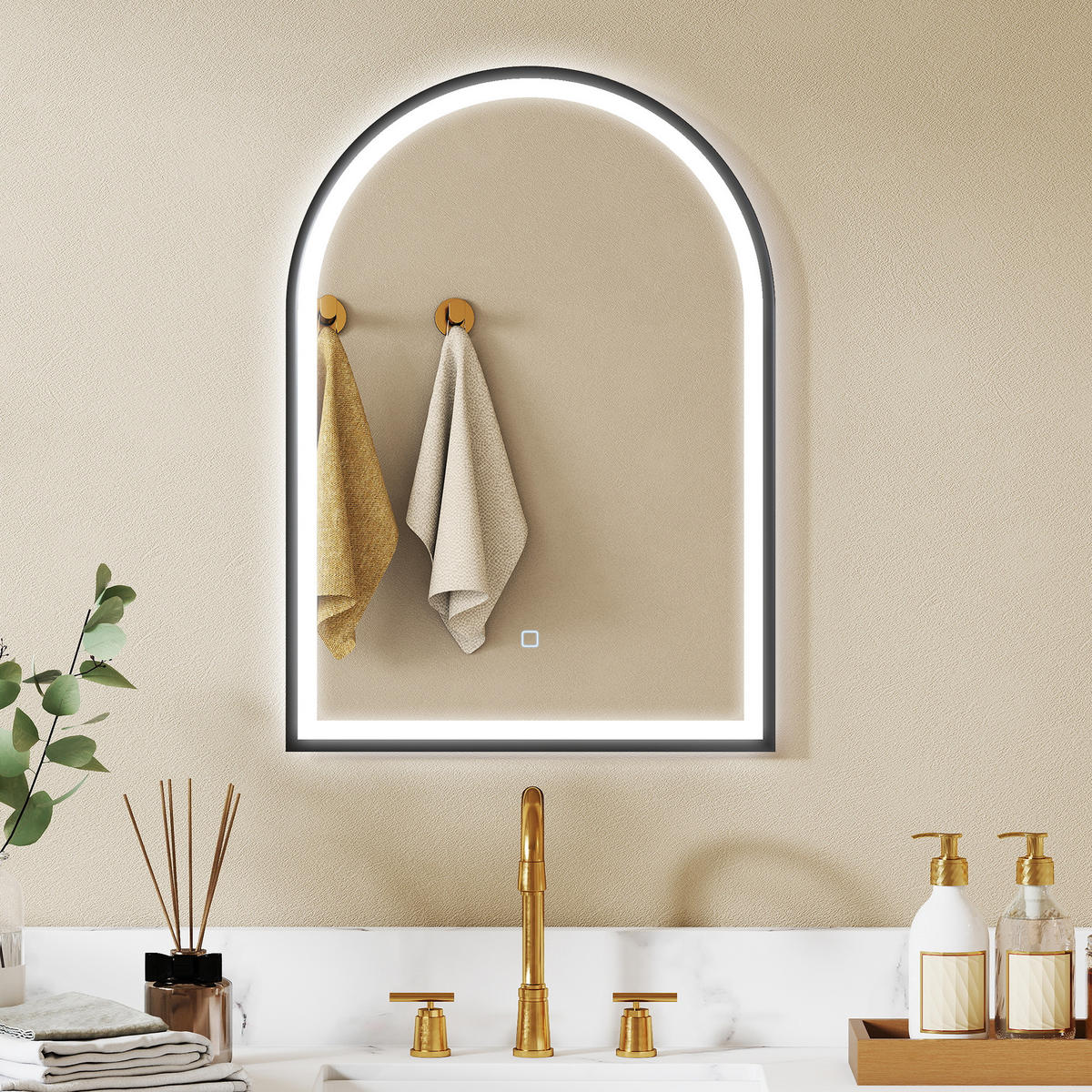 BADEZIMMERSPIEGEL DE-15196 gewölbt, 3 LED-Farben, dimmbar, Antibeschlag Schwarz - Schwarz, Glas (4/70/50cm) - ComfortXL
