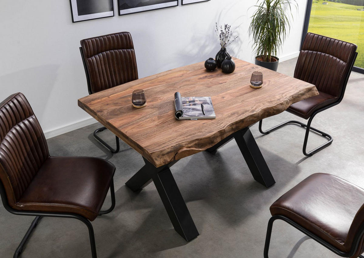 BAUMTISCH Sheesham 140x90x77 grau gebeizt / X-Beine anthrazit matt FREEFORM 5 - Anthrazit/Grau, Holz (140/90/77cm) - Massivmoebel24