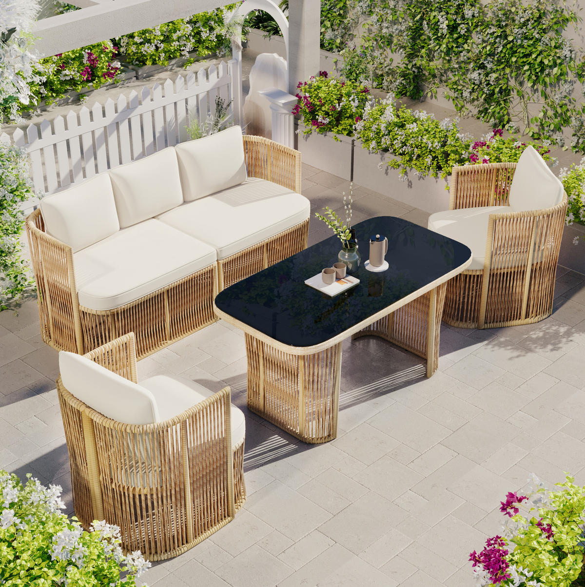 GARTENMÖBEL-SET 172,5/69/75 cm mit 3-Sitzer-Sofa, 2 Sesseln und Glastisch aus PE-Rattan, Beige/Schwarz/Weiß - Beige, Metall - Redom