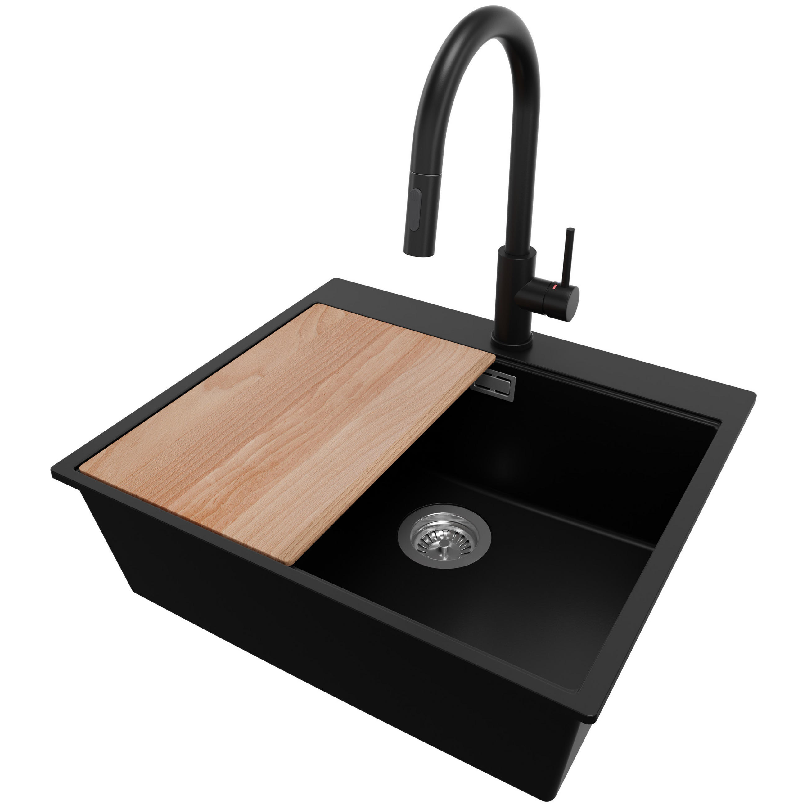 GRANITSPÜLE Oslo, 2-er set Schwarz 58/50 cm 1 Becken + Küchenarmatur 40/20 cm + Ablauf-Set + Schneidebrett ab 60er Unterschrank - Chromfarben/Beige, Kunststoff (58/20/50cm) - Primagran