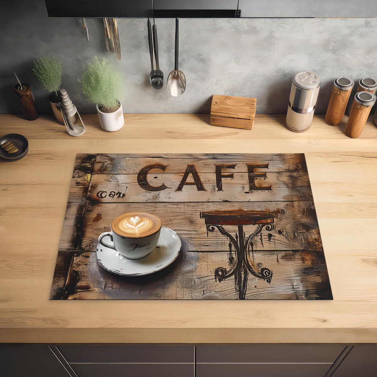 HERDABDECKPLATTE Cafe - Holz - Kaffee - Regale Induktionsmatte 71x52 cm - Schwarz, Kunststoff (71/52/0.2cm) - MuchoWow