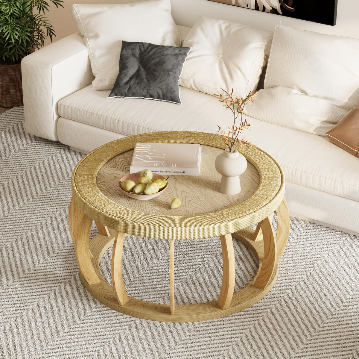 COUCHTISCH 90/90/43 cm mit runder Tischplatte und geschwungenen Beinen, Natur - Naturfarben, Holzwerkstoff (90/90/43cm) - Modfu