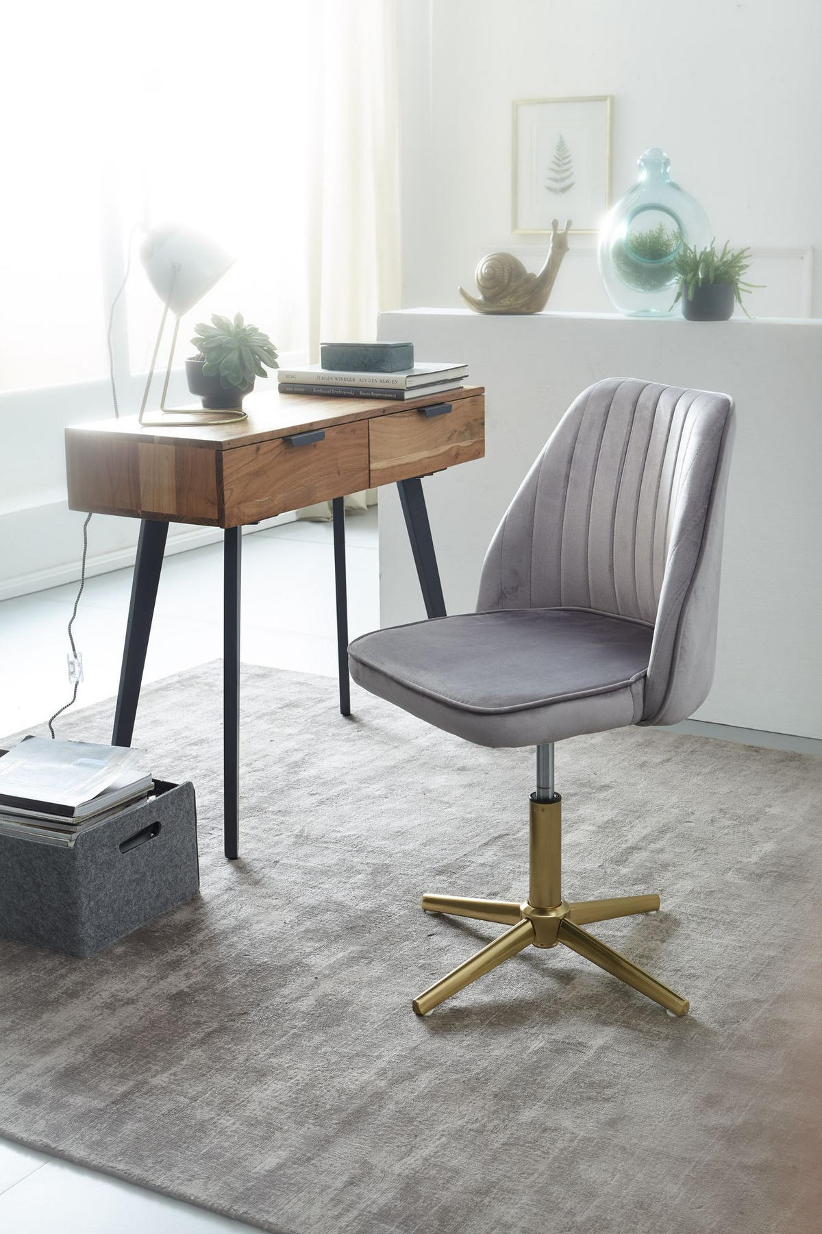 DREHSTUHL Samt mit Höhenverstellung, Eisenfuß und 360° Drehfunktion TANARO, Grau 60x60x100 cm - Goldfarben/Grau, Textil/Metall (60/100/60cm) - KADIMA DESIGN