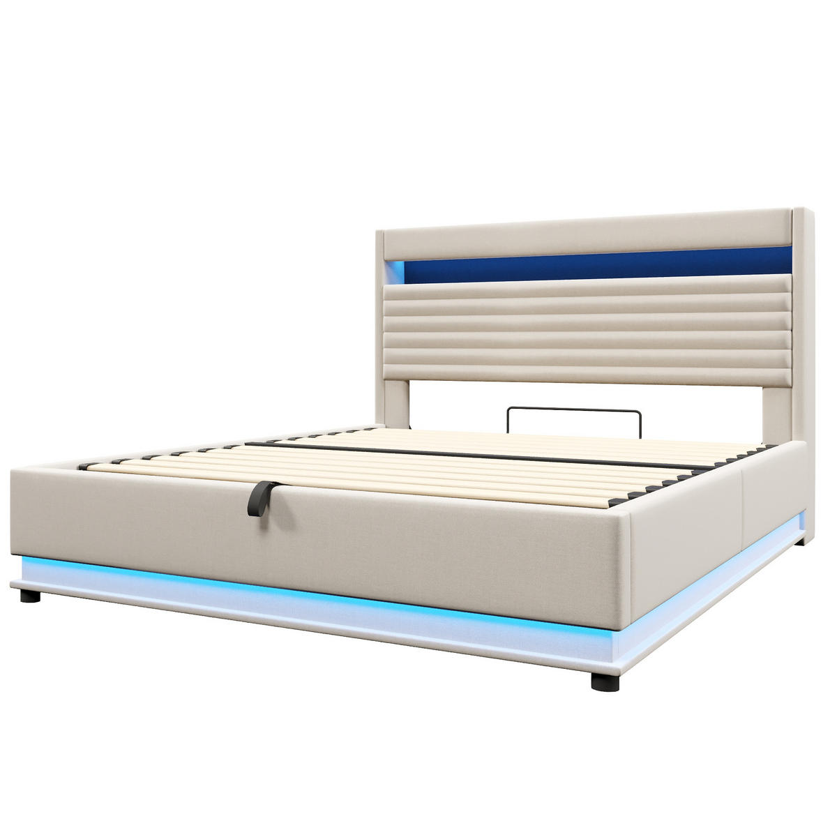 POLSTERBETT 180/200 cm mit LED-Beleuchtung, USB- und Typ-C-Anschluss, hydraulischem Stauraum und Kopfteilfach, Beige - Beige, Textil (180/200cm) - Redom