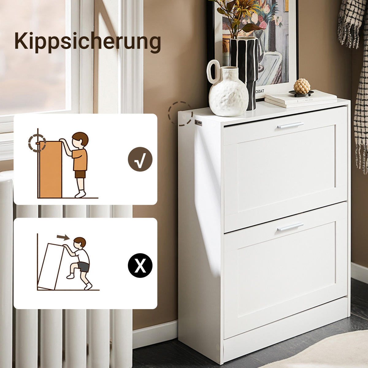 SCHUHSCHRANK Weiß, 60 cm breit, 23 cm tief, 79 cm hoch, 2 Klappen, ca. 8 Paar Schuhe, für Flur und hinter der Tür - Weiß, Holzwerkstoff (60/80/25cm) - SoBuy