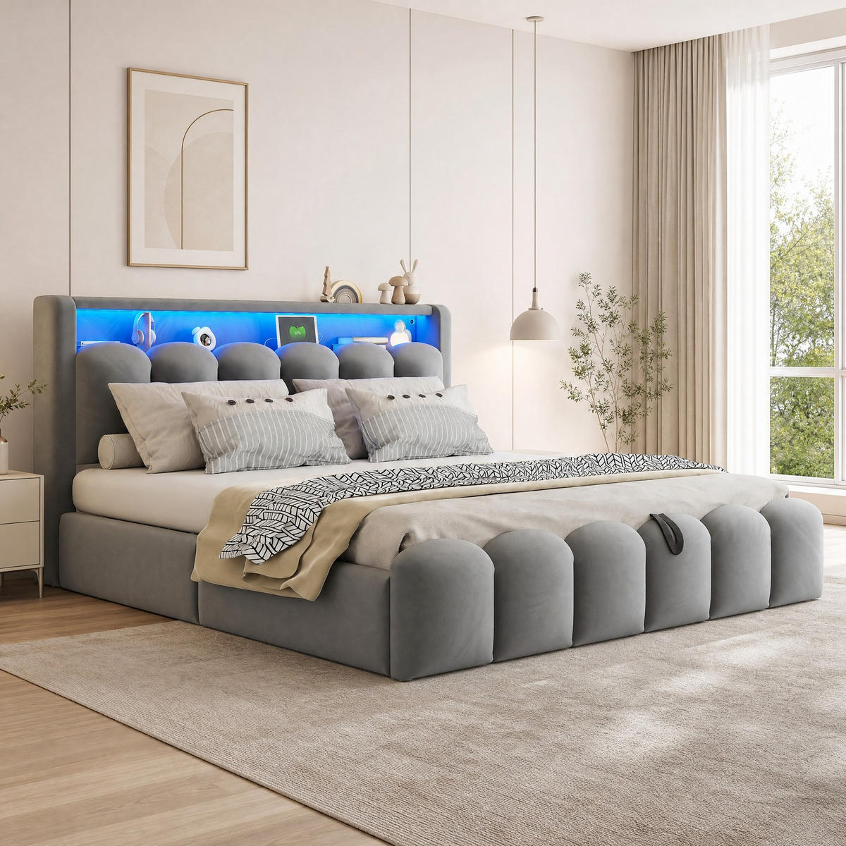 POLSTERBETT 180/200 cm aus Samt mit USB, LED und Stauraum, Grau - Grau, Textil (180/200cm) - OKMYHOME