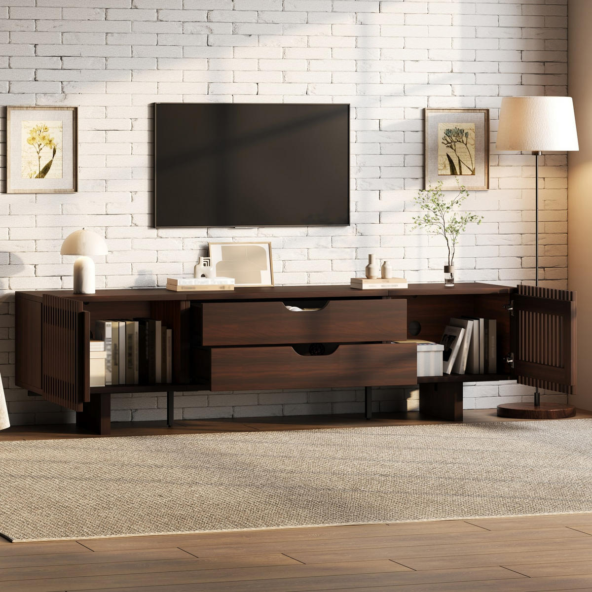 TV ormarić od MDF-a 180x40x45 cm tamni orah s 2 ladice i lamelnim vratima, za TV do 75 inča - smeđa, drvni materijal (180/45/40cm) - Modfu
