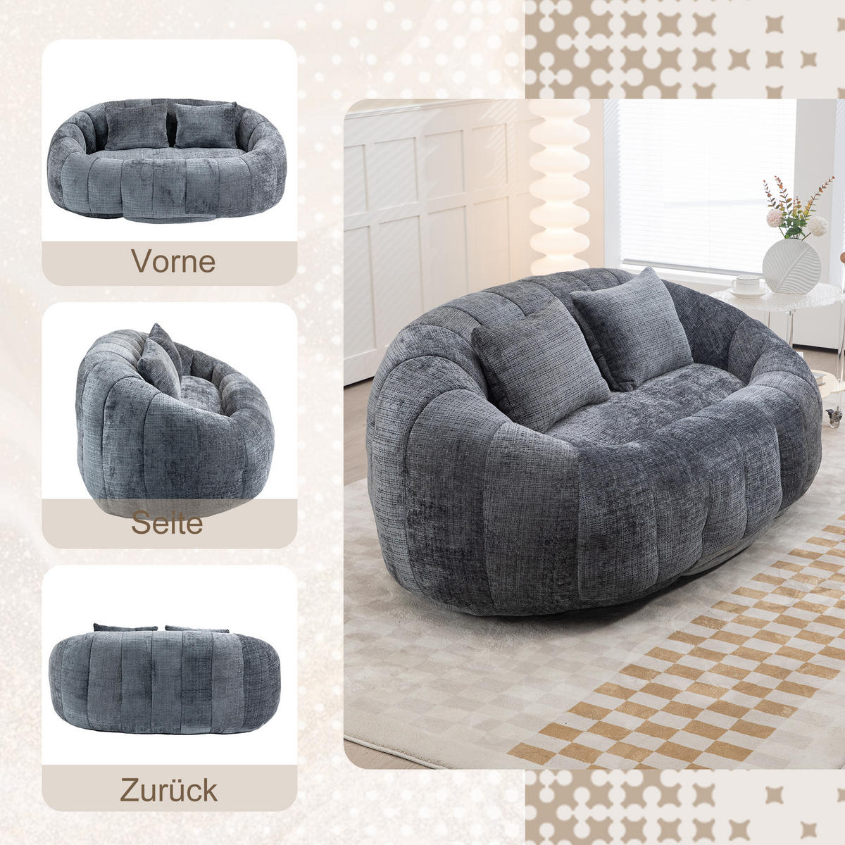 2-SITZER SOFA aus Chenille mit Memory Schaum & ohne Montage - Grau, Textil (145/63/95cm) - Urban Meuble