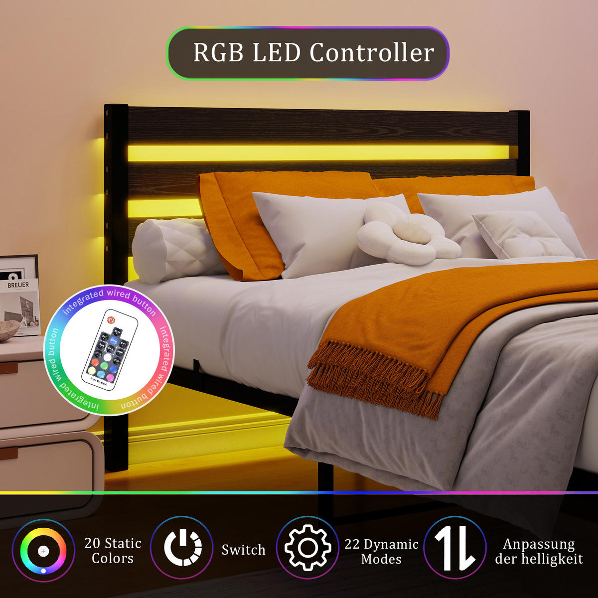METALLBETT 140/200 cm Schwarz mit USB-Ladestation und LED-Bettrahmen - Schwarz, Metall (140/200cm) - Oxeza