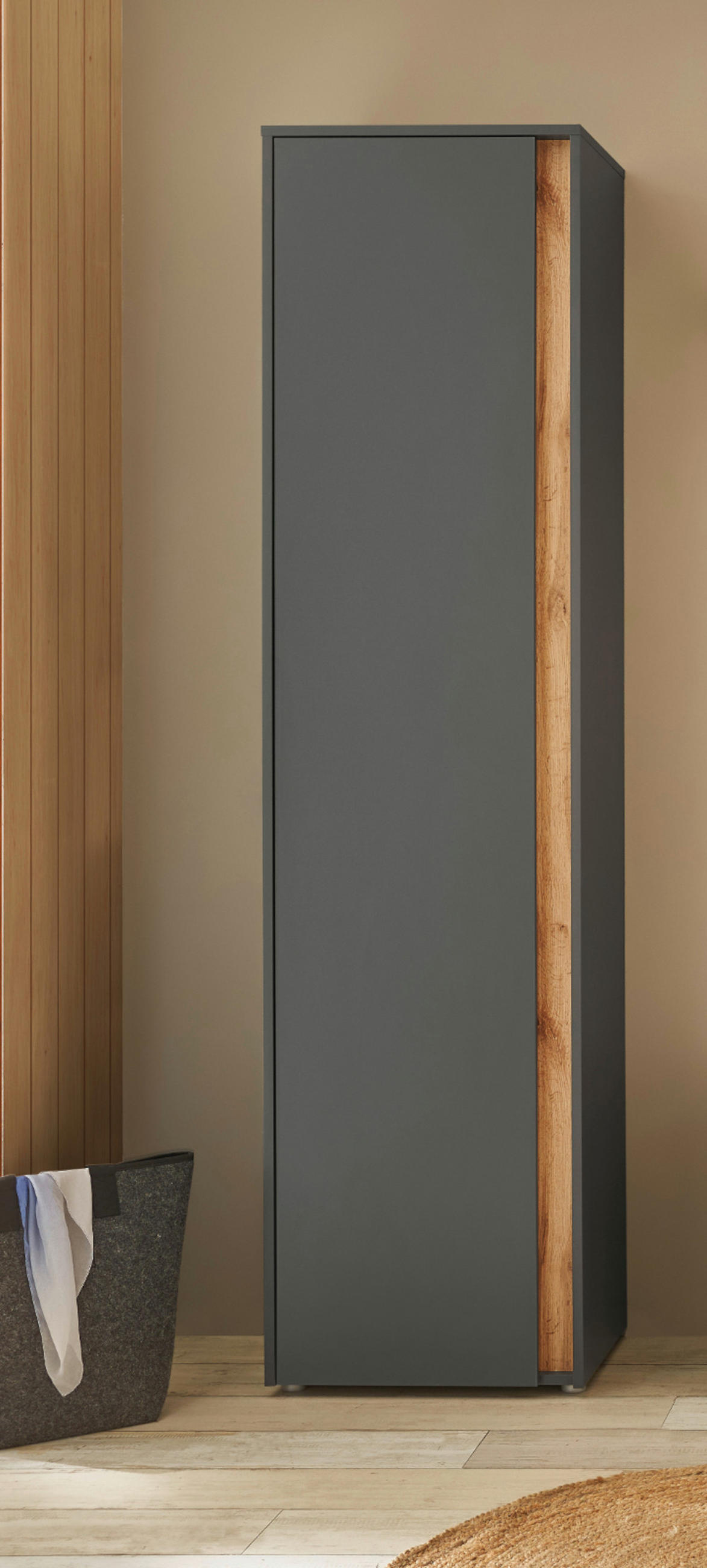 SCHUHSCHRANK grau matt, Eiche Wotan 50x200 cm, Graderobenschrank 10 Fächer - Eiche Wotan/Schwarz, Holzwerkstoff/Kunststoff (50/200/40cm) - Furn.Design