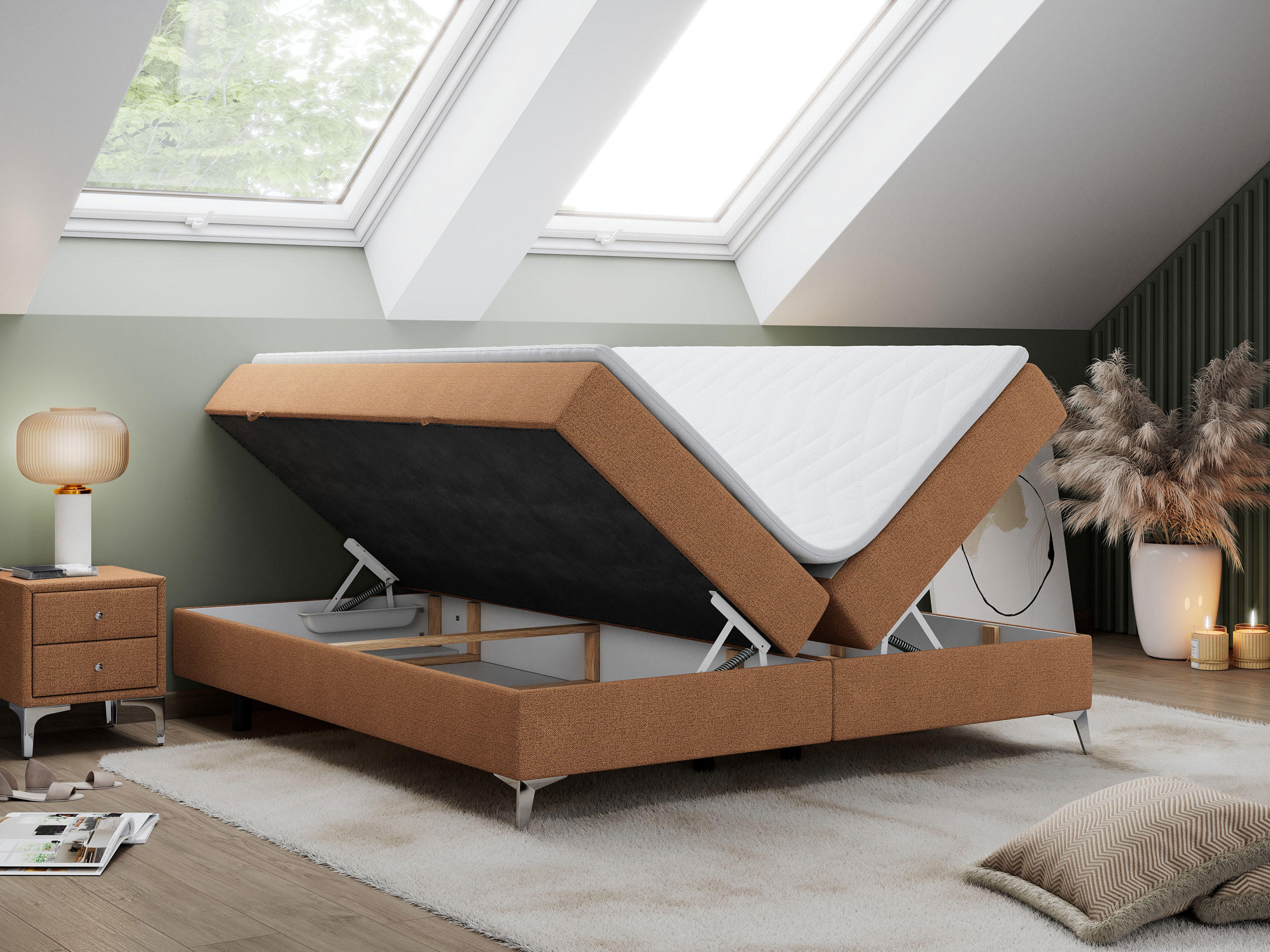 Thumbnail - MKS Boxbett, Orange, Textil, 2-Sitzer, H3, Rechteckig, 160x200 cm, Schlafzimmer, Betten, Boxspringbetten