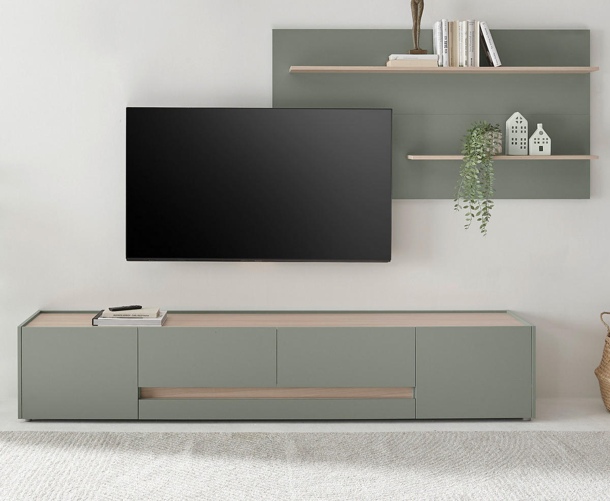 WOHNWAND in Salbei Grün mit Eiche, Wohnkombination 2-teilig mit XXL TV-Lowboard, Breite 300 cm - Salbeigrün/Eichefarben, Holz/Holzwerkstoff (300/190/45cm) - Furn.Design