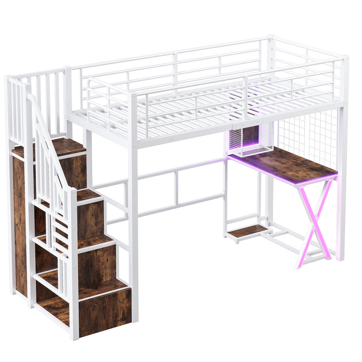 HOCHBETT 90/200 cm aus Metall und MDF mit Schreibtisch, Kleiderschrank und LED-Beleuchtung Weiß - Weiß, Metall (90/200cm) - Modenvie