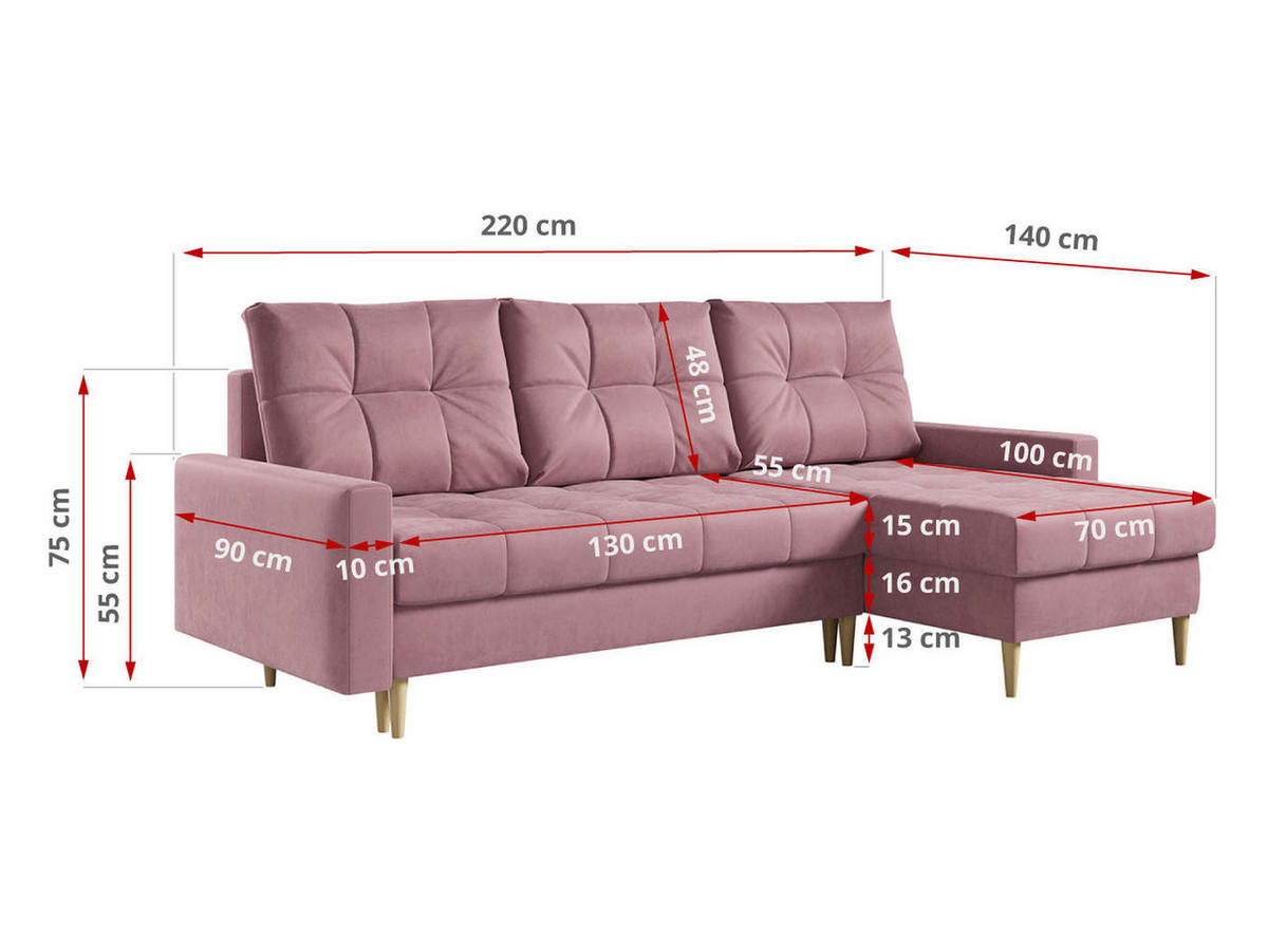ECKSOFA Astra Rosa Velvet - Rosa/Braun, Holz/Textil (220/140cm) - MKS