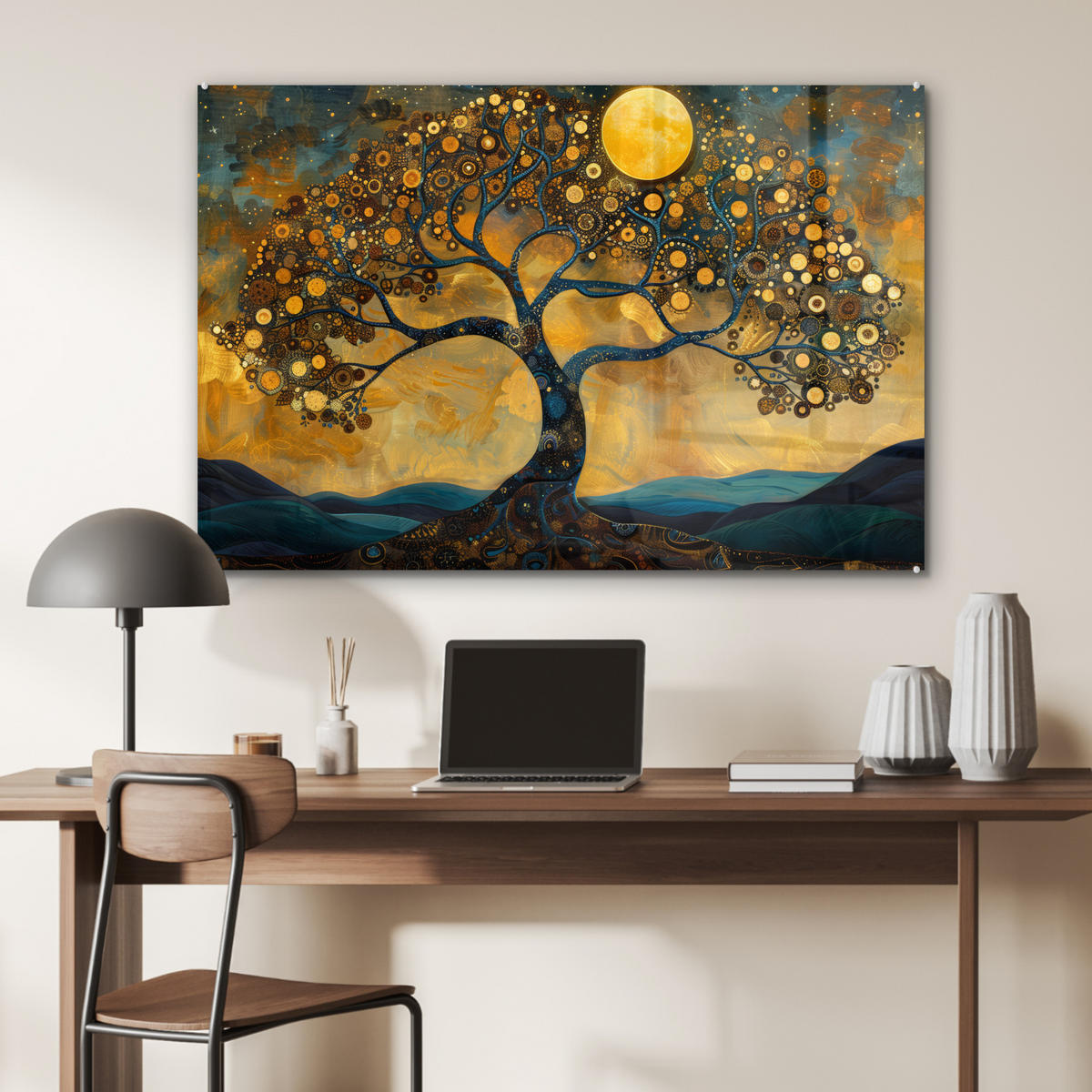 ACRYLGLASBILD Baum - Mond - Blumen - Gold - Kunst 90x60 cm - Orange, Glas (90/60cm) - MuchoWow