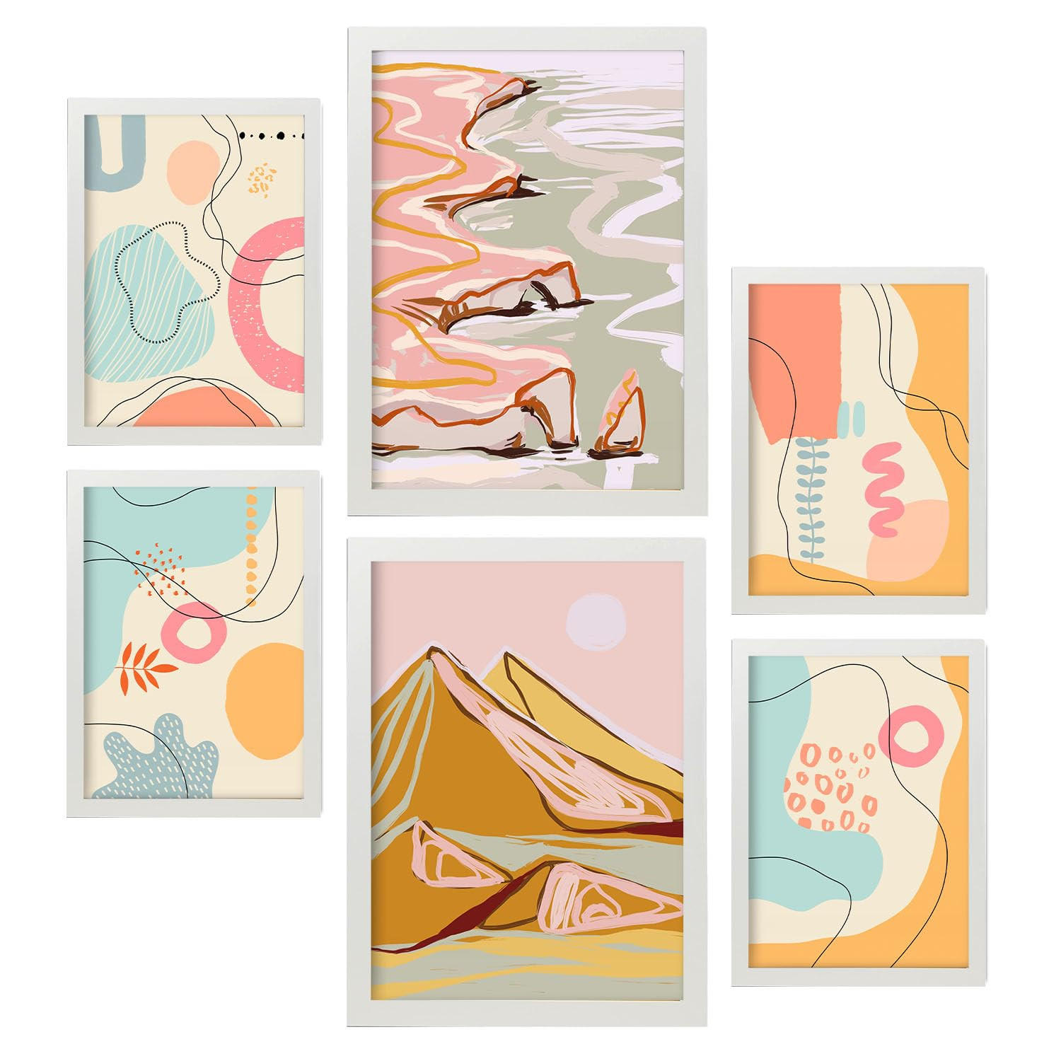 POSTER Set Mit 6 Linienufer In Kulissen Abstracts Ästhetische Dekorative Gemälde Für Ihr Wohnzimmer, Schlafzimmer, Zuhause A3 & A4 Weißer Rahmen - Weiß, Papier (29/3cm) - Nacnic
