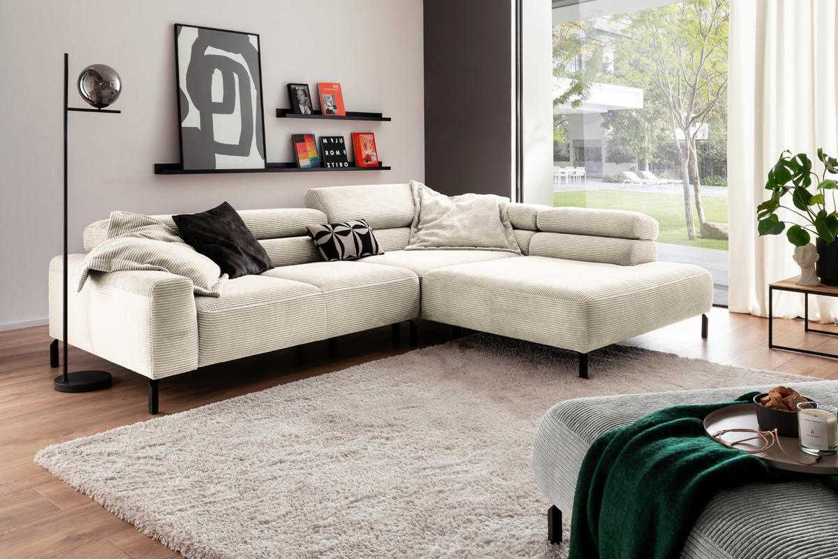 ECKSOFA MIT MOTORISCHEM SITZVORZUG DELIA Cremeweiß Cord - Creme/Schwarz, Textil/Metall (312/219cm) - KAWOLA