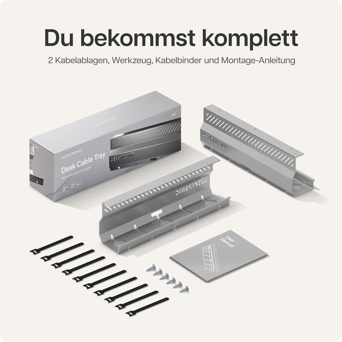 KABELKANAL Schreibtisch Grau, 2x43cm, Hochwertiger Stahl - Grau, Metall (43/12/10cm) - Desktronic