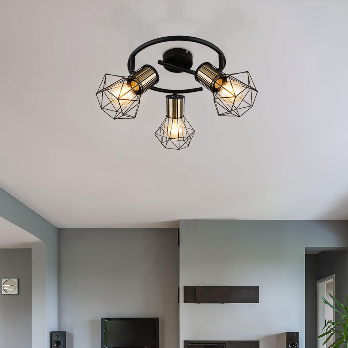 DECKENLEUCHTE PRISKA Schwarz Altmessing - Schwarz, Metall (28.5/28.5/9cm) - Globo Lighting