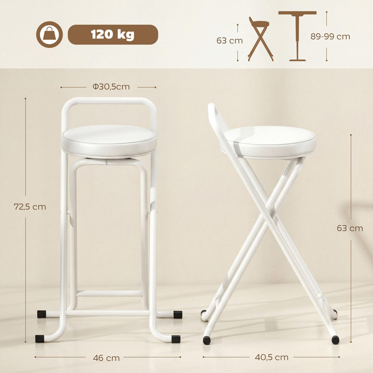 BARHOCKER 2er-Set Weiß faltbar 46/40,5/72,5 cm - Weiß, Kunststoff (46/72.5/40.5cm) - PANGIVO