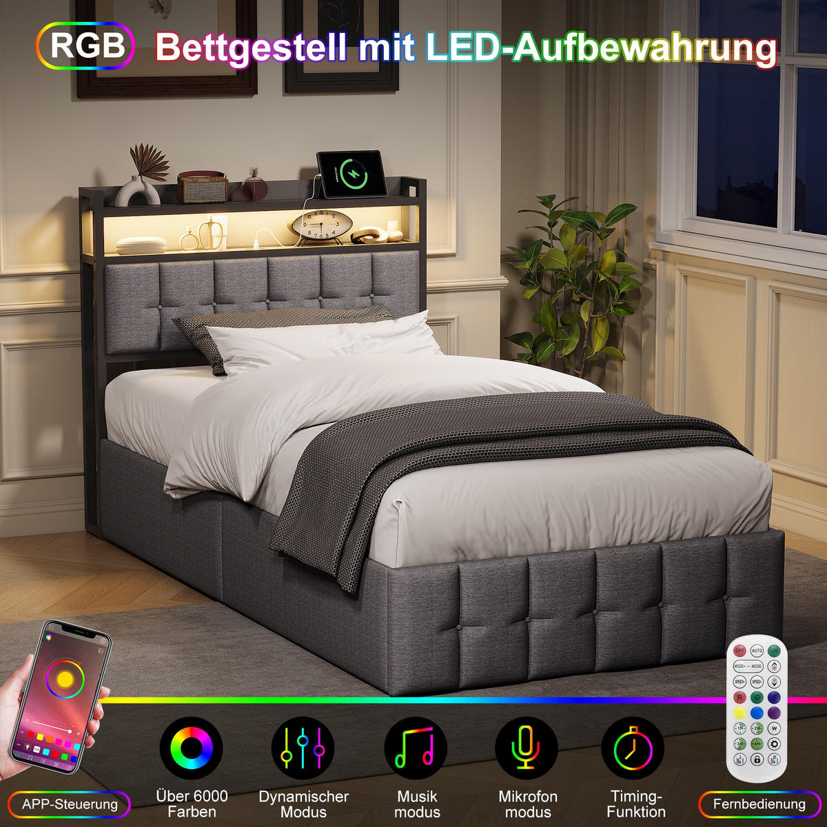 POLSTERBETT 90x200 cm Smart-Sleep Pro mit Hydraulik-Stauraum, RGB-LED & Ladestation, Leinen-Optik, Grau - Grau, Textil (90/200cm) - DELFA