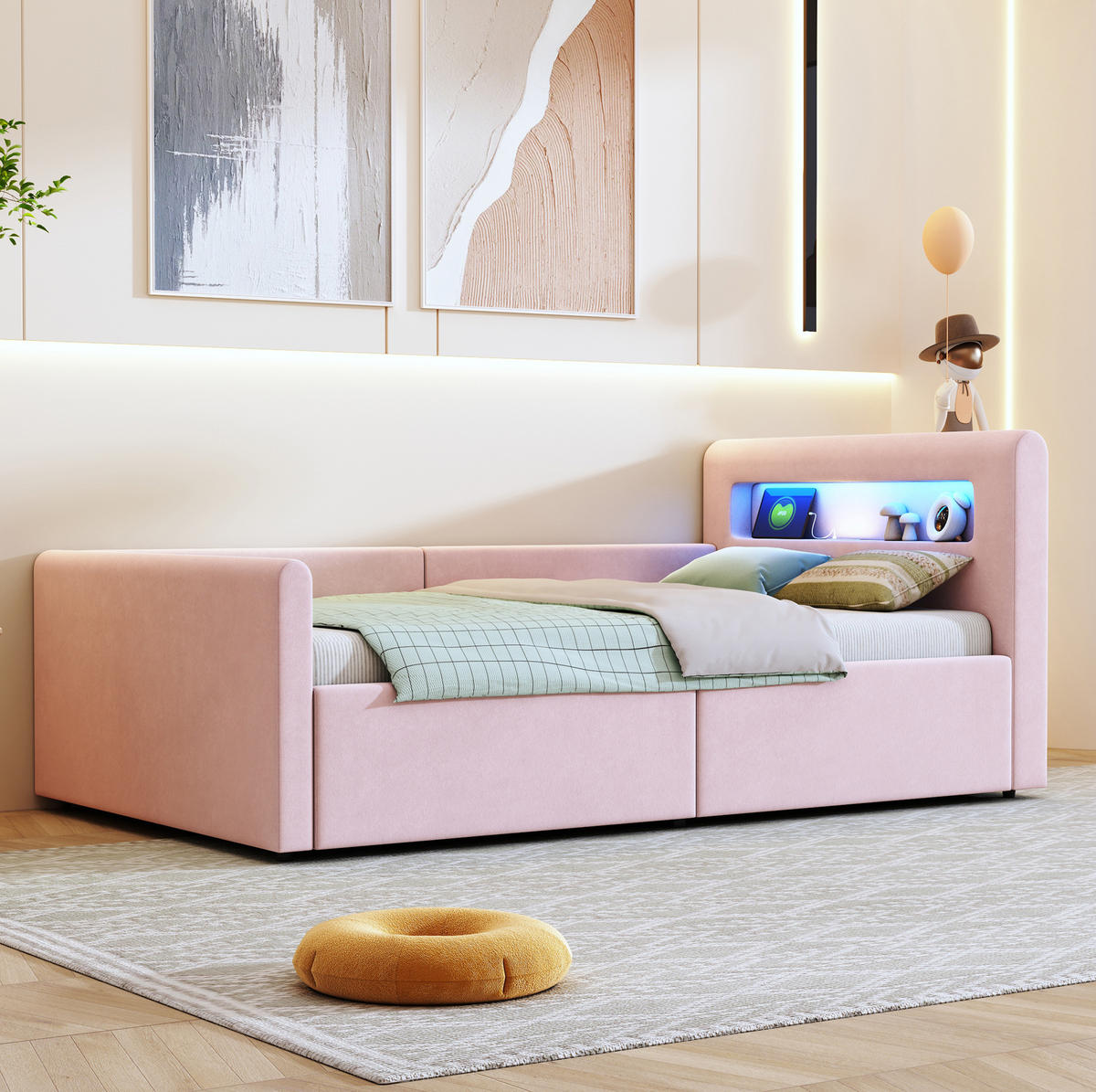 POLSTERBETT Kinderbett 90/200 cm Rosa mit LED-Beleuchtung und USB-Ladeanschluss - Rosa, Textil (90/200cm) - OKWISH