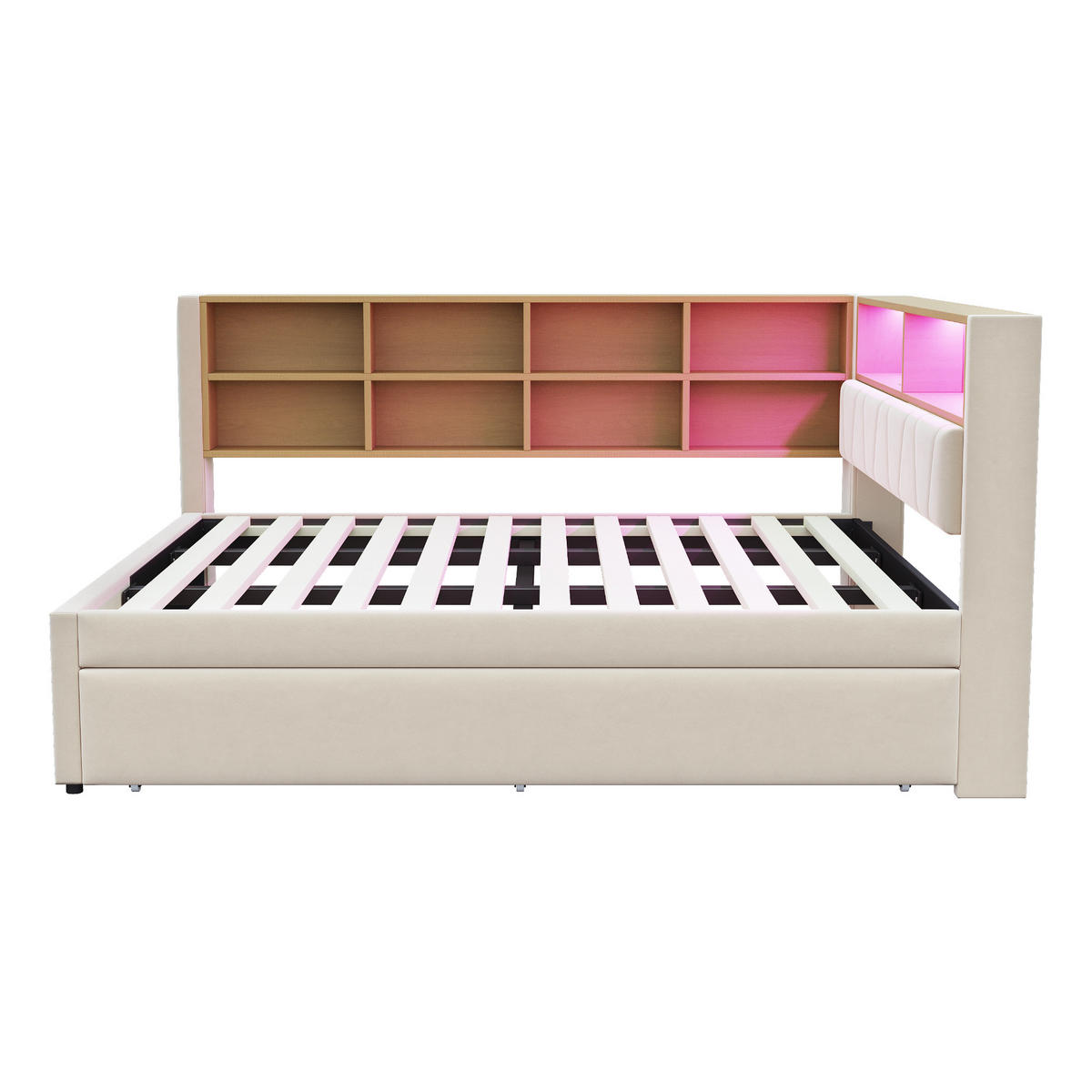 BETT mit Ausziehbett 140/200 cm & 90/190 cm mit LED-Beleuchtung und USB-Anschlüssen Flanell Beige - Beige, Textil (140/200cm) - OKWISH