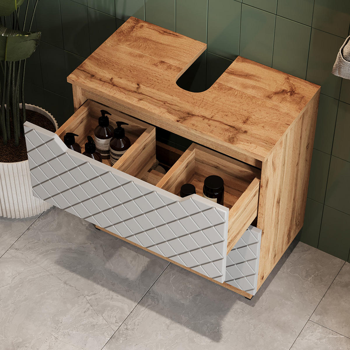 BADMÖBEL-SET Lotta Eiche/Grau mit Kachelstruktur 3 Teile - Eichefarben/Grau, Holzwerkstoff (59.8/62.5/32cm) - Vicco