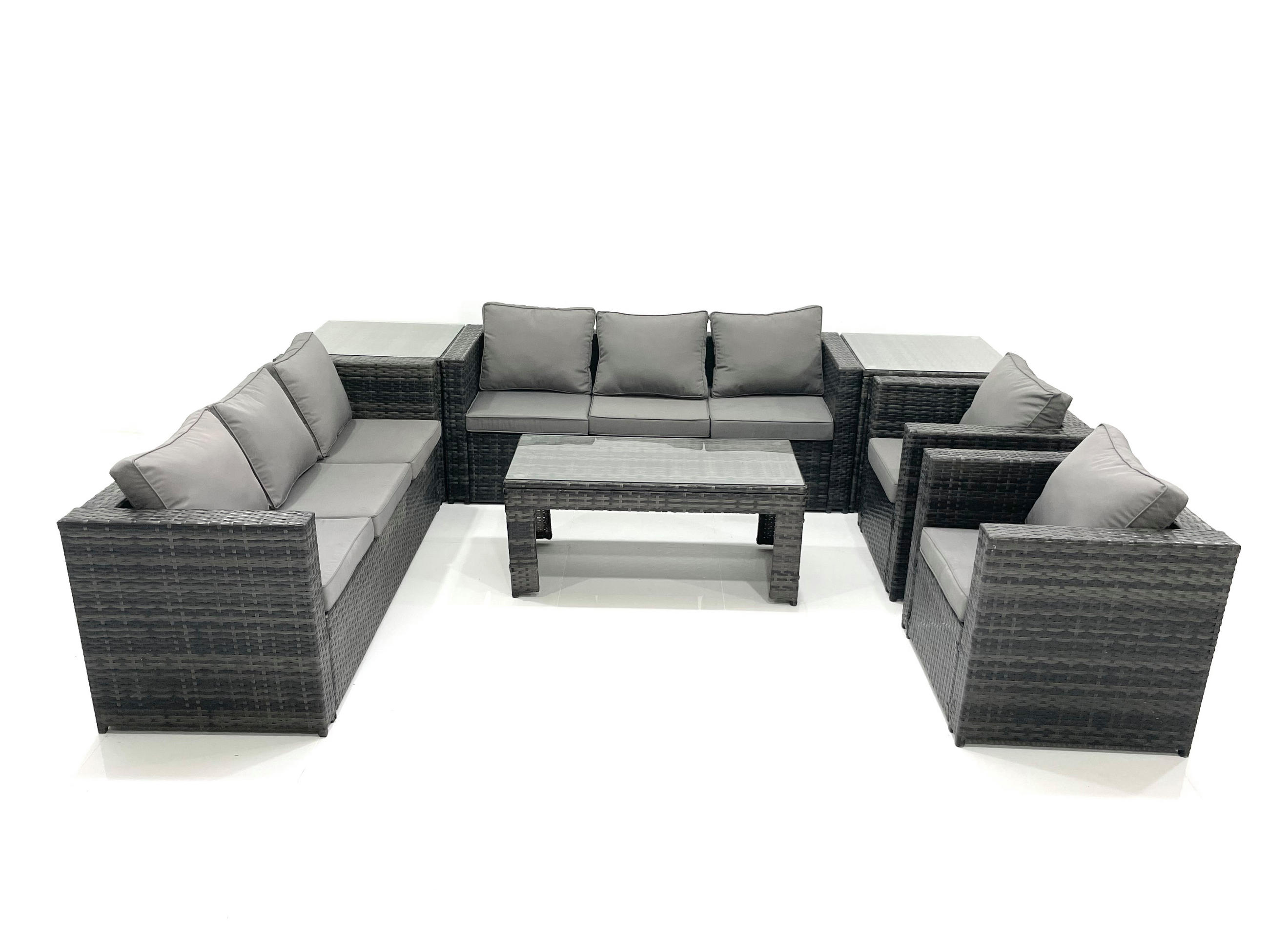 GARTENMÖBEL COUCHTISCH SET mit Sofa Polyrattan Outdoor 8-Sitzer - Dunkelgrau/Grau, Glas/Kunststoff - Fimous