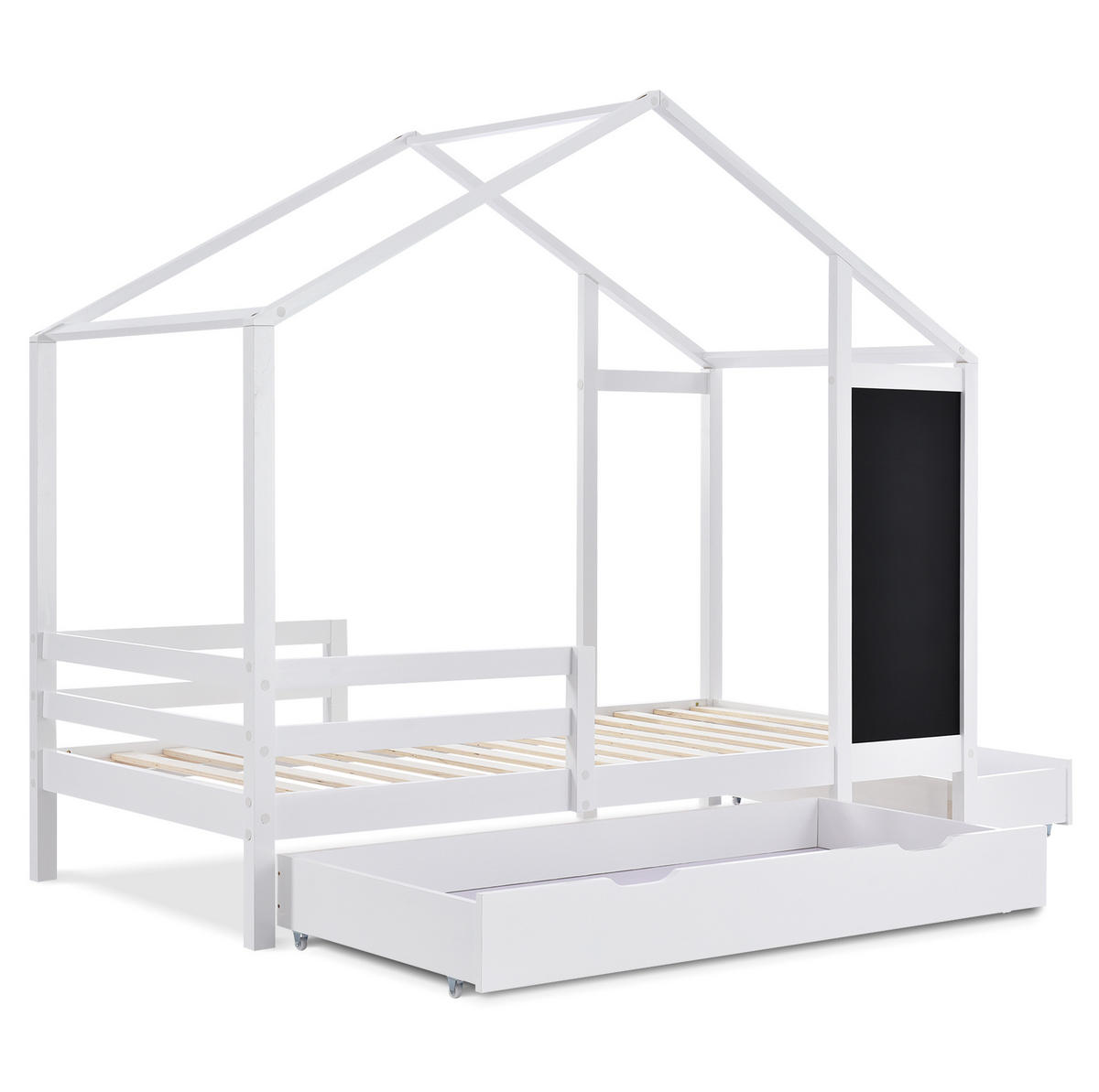 KINDEREINZELBETTEN aus Massivholz 90x200 cm in Weiß mit Tafel & 2 Schubladen - Weiß, Holz (90/200cm) - Modfu
