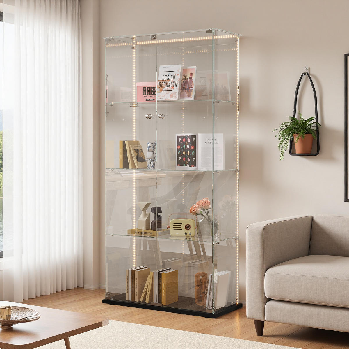 STANDVITRINE mit LED-Leisten, Schwarz, 4 Böden, Doppeltür abschließbar - Schwarz, Glas (35/163/78.5cm) - SHOPENTRA