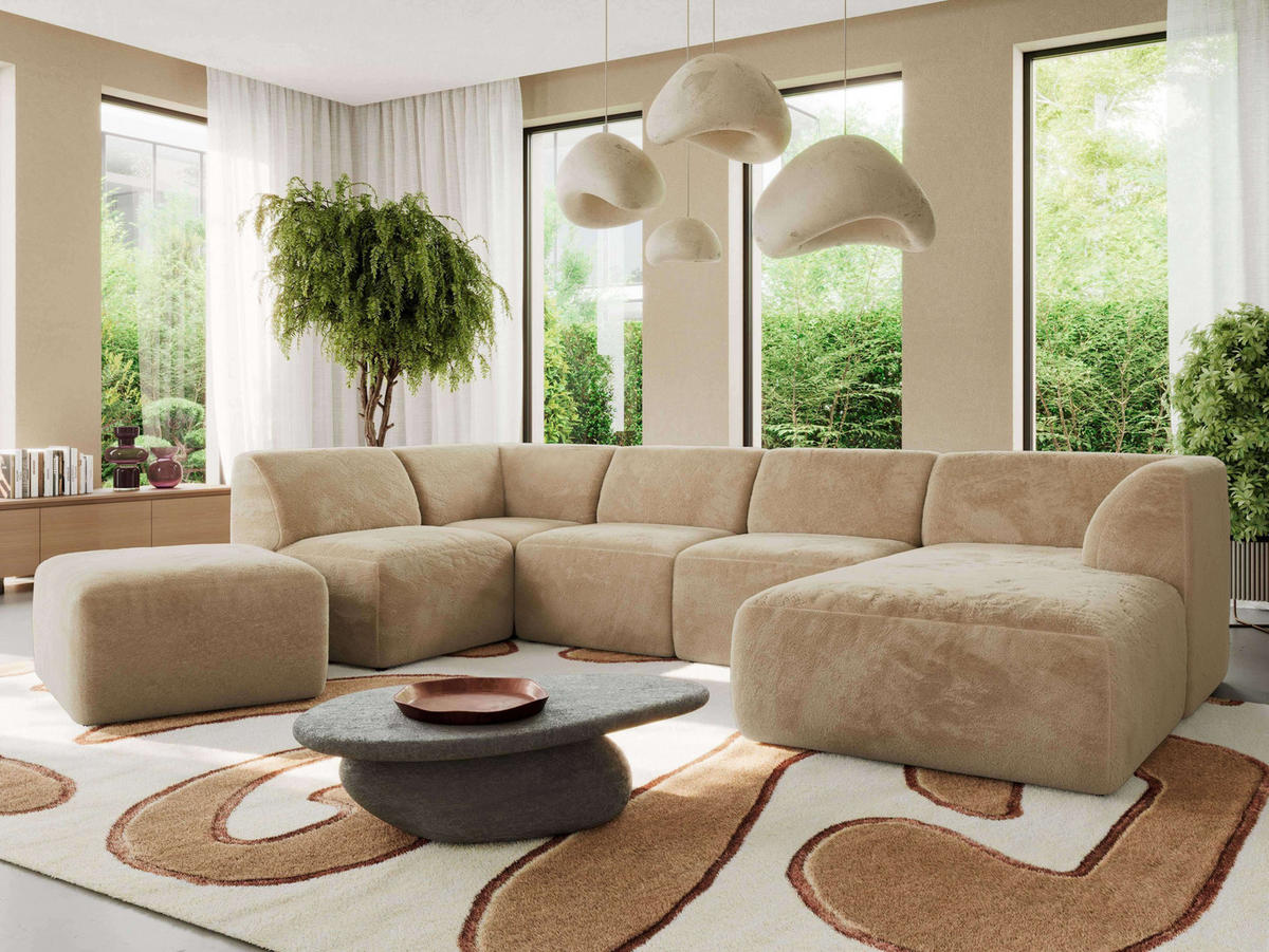 WOHNLANDSCHAFT MODARO U 6M - Beige Plüsch - Rechts - Beige/Schwarz, Textil (345/78/180cm) - MKS