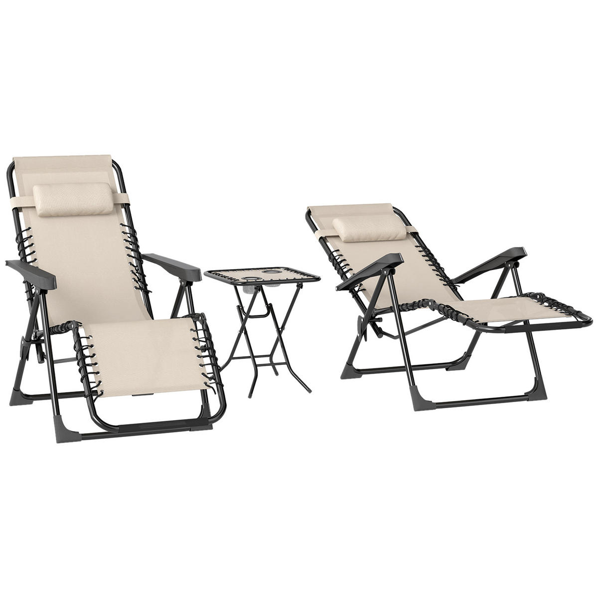 SONNENLIEGE Set mit 2 klappbaren Zero-Gravity-Liegestühlen mit verstellbarer Rückenlehne und Tisch,90*65*110 cm,Beige - Beige, Metall (65/110/90cm) - Vallsero