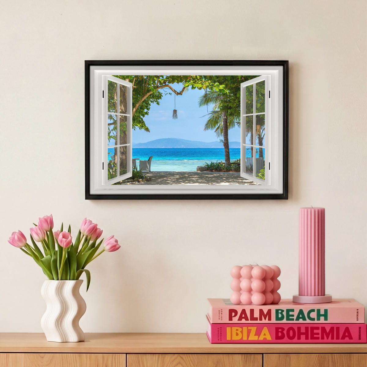 LEINWAND Bilder mit Rahmen - Aussicht - Baum - Meer - Palme - Hügel - Strand - Blau - 30x20 - Blau, Textil (30/20cm) - MuchoWow
