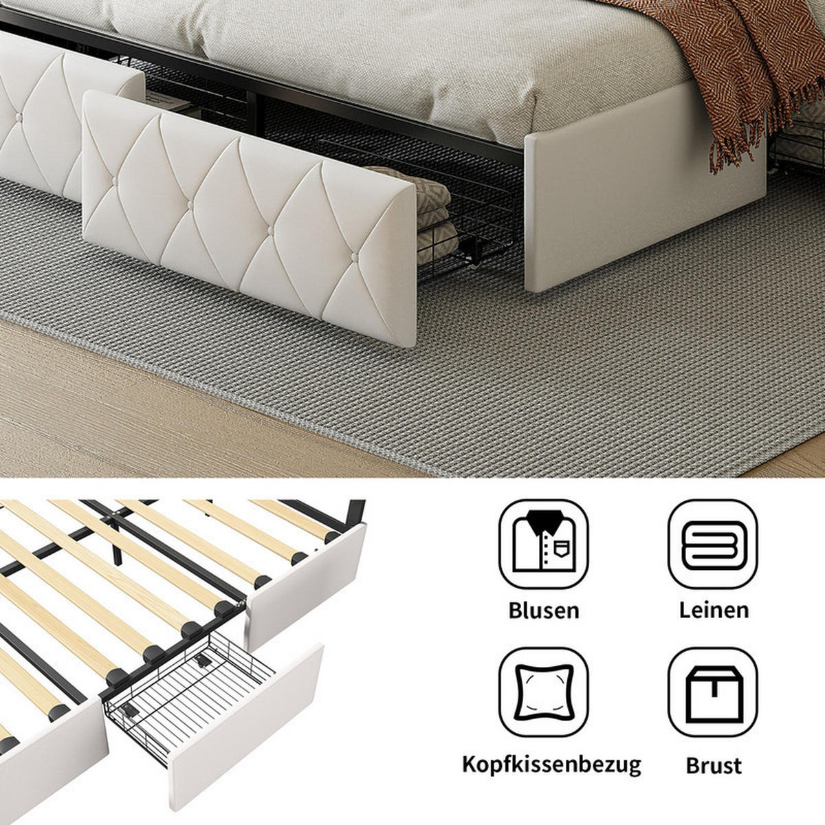 POLSTERBETT 140x200 cm, mit LED-Lichtleiste und 4 Schubladen, Lattenrost, PU, beige, ohne Matratze - Beige, Holz (140/200cm) - WoodenAura