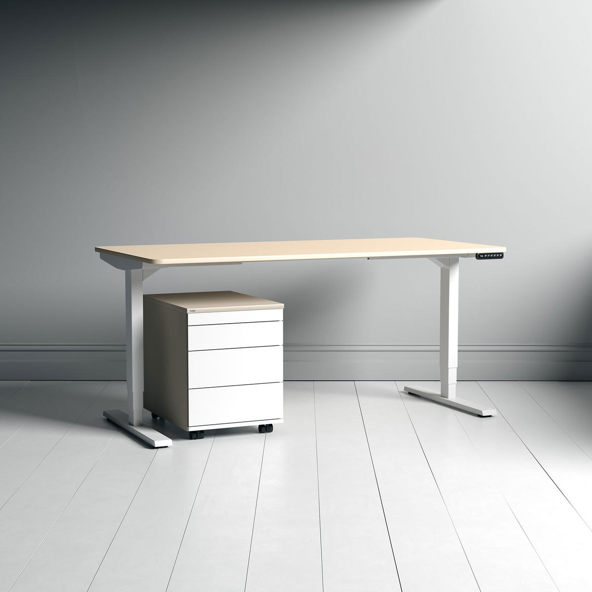 SCHREIBTISCH Elektrisch höhenverstellbarer Schreibtisch Y-Line Curved Sand Signalweiß 140/80/62-127cm - Sandfarben/Weiß, Holzwerkstoff/Metall (80/140/127cm) - ASSMANN